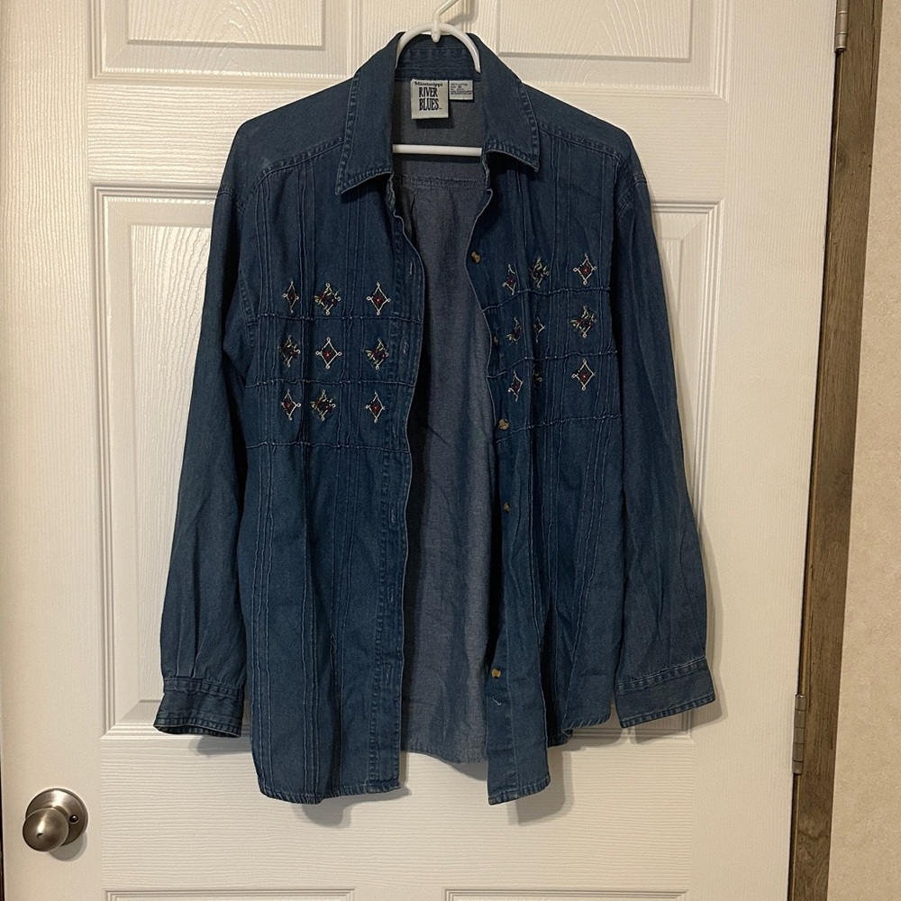 Unique Vintage Dark Blue Embroidered Denim Jacket
